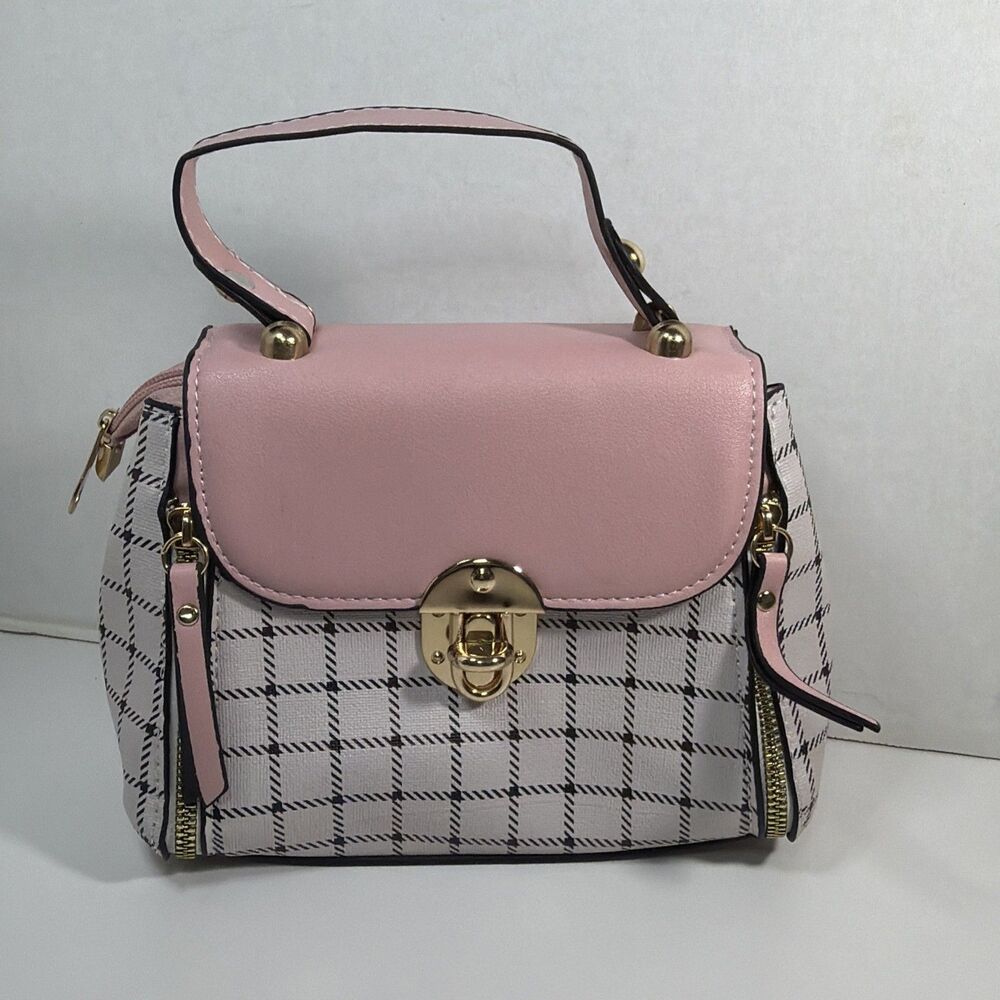 Y2K Pink White Black Plaid Satchel Bag with Turn Lock, Gold Hardware, Top Handle